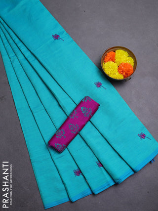 Teal Blue & Magenta Pink Semi Silk Cotton Saree - Embroidery