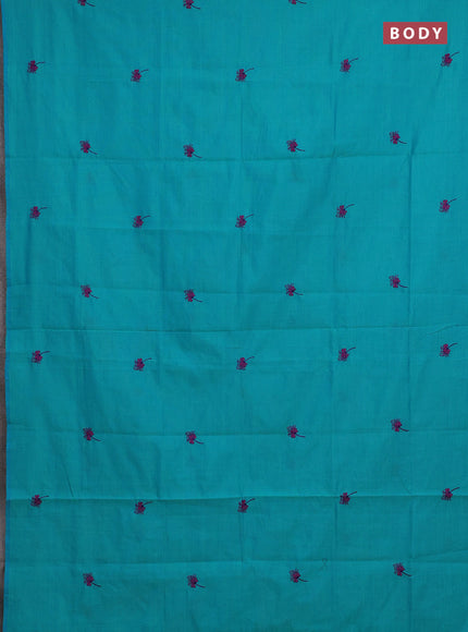 Teal Blue & Magenta Pink Semi Silk Cotton Saree - Embroidery