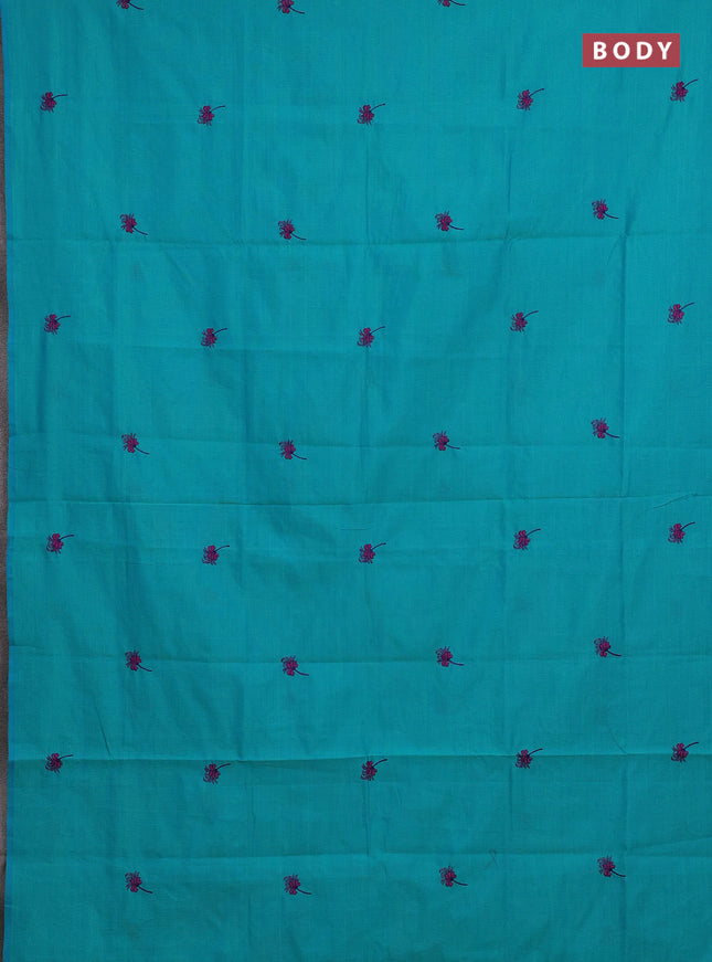 Teal Blue & Magenta Pink Semi Silk Cotton Saree - Embroidery
