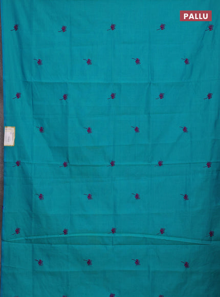 Teal Blue & Magenta Pink Semi Silk Cotton Saree - Embroidery