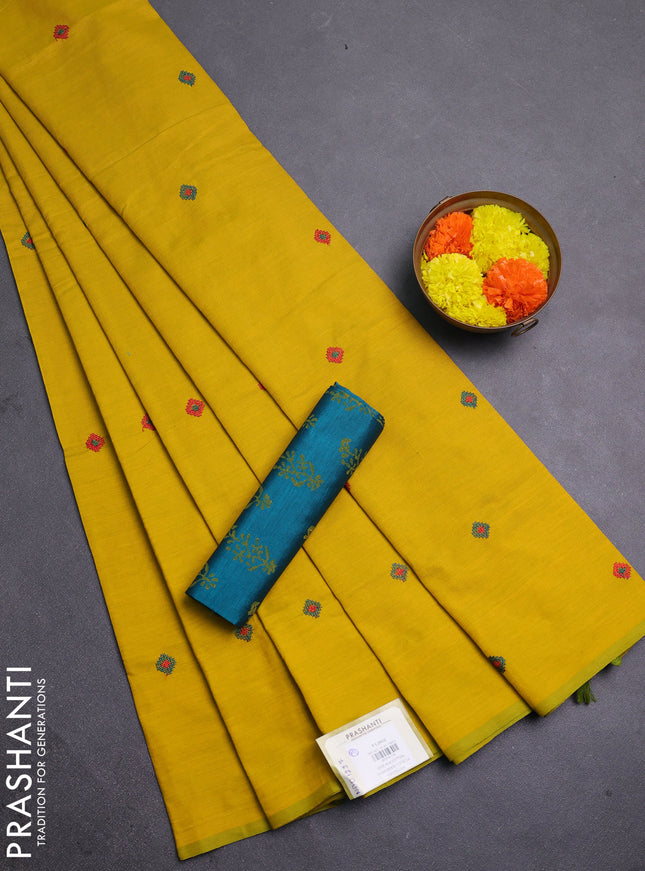 Mustard Yellow & Teal Green Semi Silk Cotton Saree - Embroidery