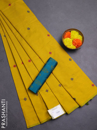 Mustard Yellow & Teal Green Semi Silk Cotton Saree - Embroidery