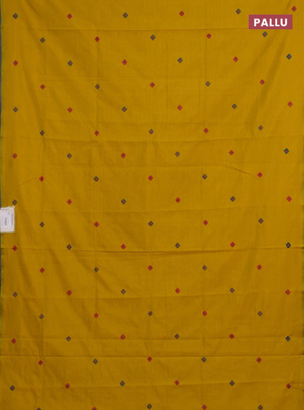 Mustard Yellow & Teal Green Semi Silk Cotton Saree - Embroidery