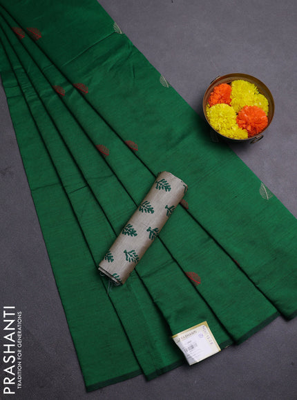 Green & Beige Semi Silk Cotton Saree - Embroidery