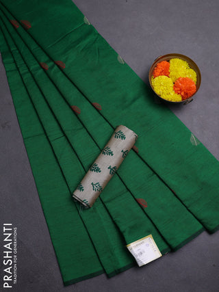 Green & Beige Semi Silk Cotton Saree - Embroidery