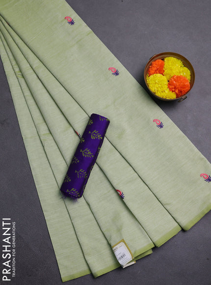 Pista Green & Violet Semi Silk Cotton Saree - Embroidery