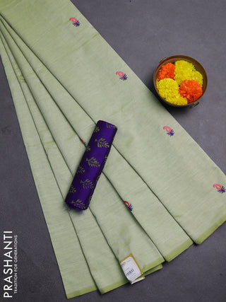 Pista Green & Violet Semi Silk Cotton Saree - Embroidery