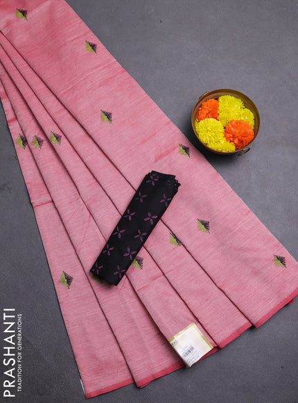 Peach & Black Semi Silk Cotton Saree - Embroidery