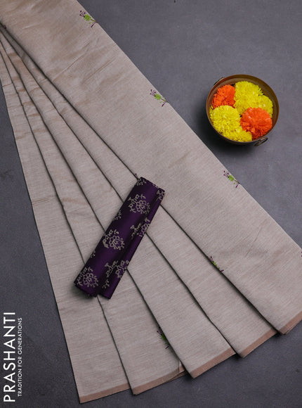 Beige & Purple Semi Silk Cotton Saree - Embroidery