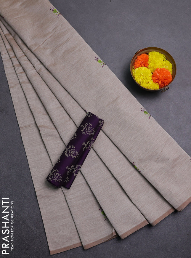 Beige & Purple Semi Silk Cotton Saree - Embroidery