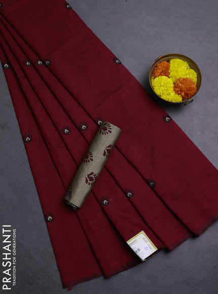 Maroon & Beige Semi Silk Cotton Saree - Embroidery