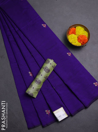 Purple & Beige Semi Silk Cotton Saree - Embroidery