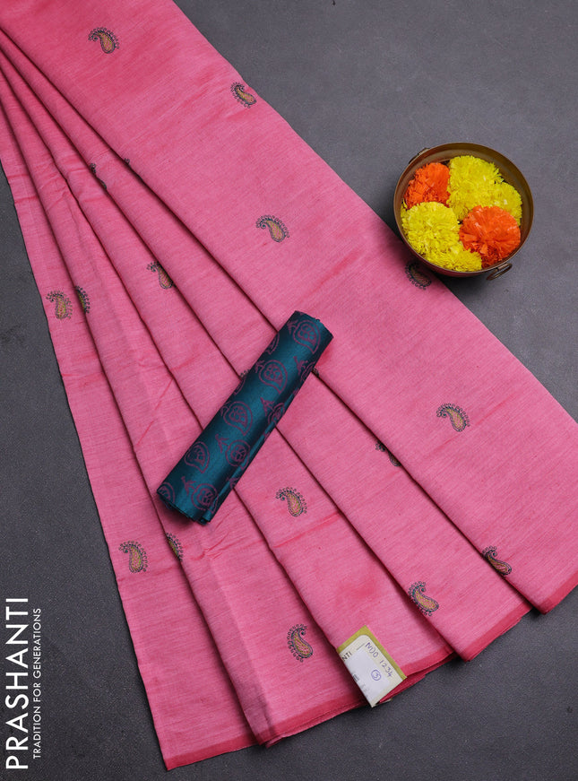 Pink & Teal Green Semi Silk Cotton Saree - Embroidery