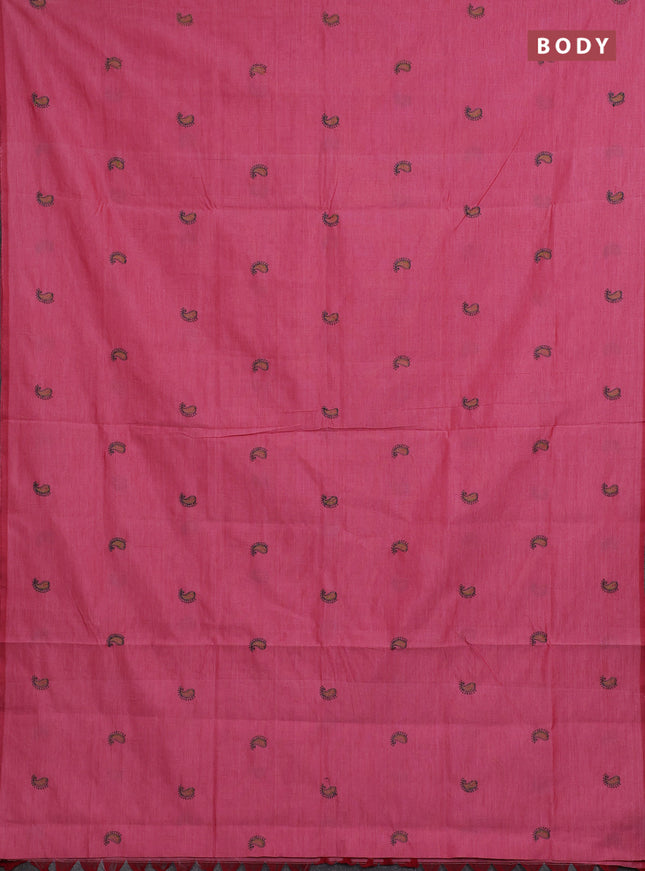 Pink & Teal Green Semi Silk Cotton Saree - Embroidery