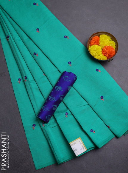 Teal Green & Blue Semi Silk Cotton Saree - Embroidery