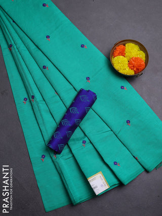 Teal Green & Blue Semi Silk Cotton Saree - Embroidery