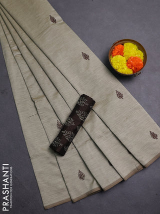 Beige & Coffee Brown Semi Silk Cotton Saree - Embroidery