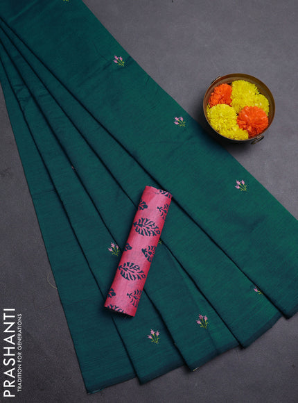 Teal Green & Pink Semi Silk Cotton Saree - Embroidery