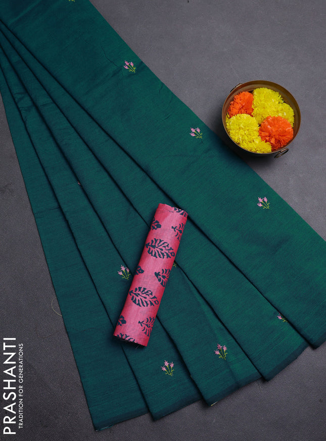 Teal Green & Pink Semi Silk Cotton Saree - Embroidery