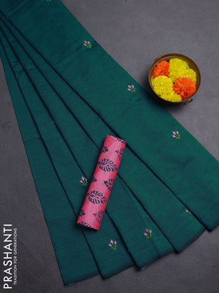 Teal Green & Pink Semi Silk Cotton Saree - Embroidery