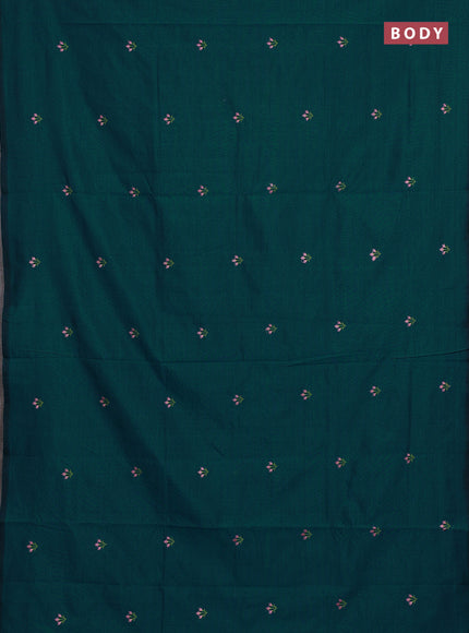 Teal Green & Pink Semi Silk Cotton Saree - Embroidery
