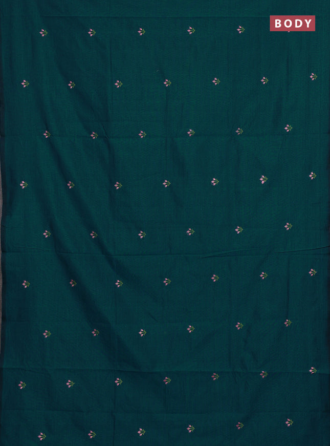 Teal Green & Pink Semi Silk Cotton Saree - Embroidery