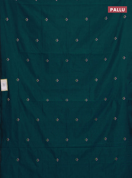 Teal Green & Pink Semi Silk Cotton Saree - Embroidery