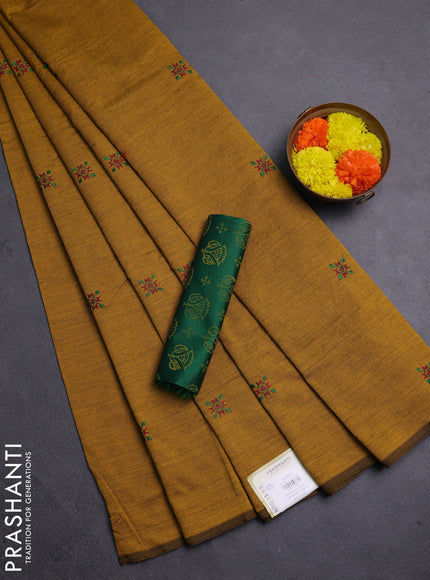 Mustard Yellow & Green Semi Silk Cotton Saree - Embroidery