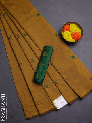 Mustard Yellow & Green Semi Silk Cotton Saree - Embroidery