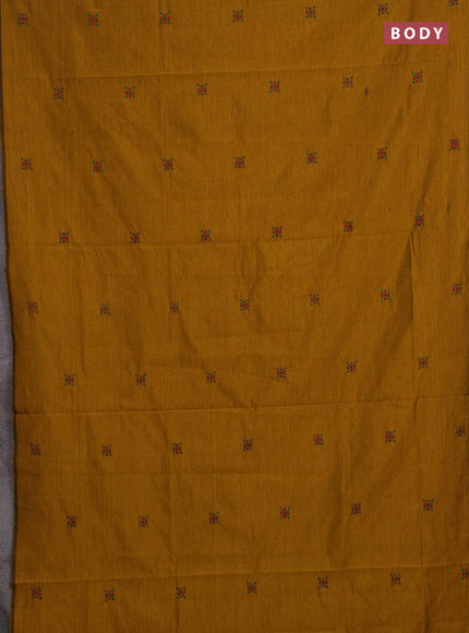 Mustard Yellow & Green Semi Silk Cotton Saree - Embroidery