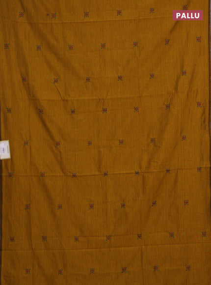 Mustard Yellow & Green Semi Silk Cotton Saree - Embroidery