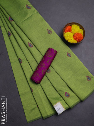 Green & Magenta Pink Semi Silk Cotton Saree - Embroidery