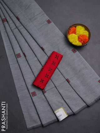 Grey & Red Semi Silk Cotton Saree - Embroidery