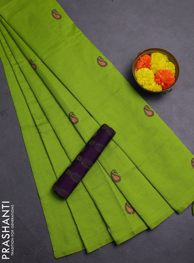 Green & Purple Semi Silk Cotton Saree - Embroidery