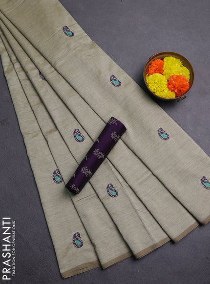 Beige & Purple Semi Silk Cotton Saree - Embroidery