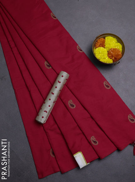 Red & Beige Semi Silk Cotton Saree - Embroidery