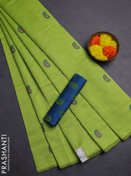Lime Green & Peacock Blue Semi Silk Cotton Saree - Embroidery