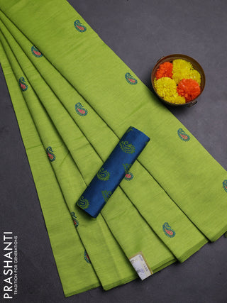 Lime Green & Peacock Blue Semi Silk Cotton Saree - Embroidery