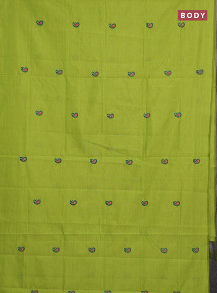 Lime Green & Peacock Blue Semi Silk Cotton Saree - Embroidery