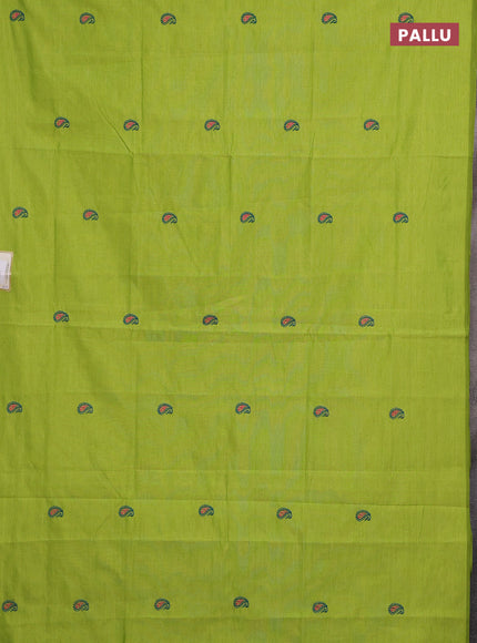 Lime Green & Peacock Blue Semi Silk Cotton Saree - Embroidery