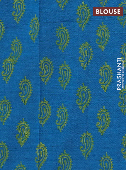 Lime Green & Peacock Blue Semi Silk Cotton Saree - Embroidery