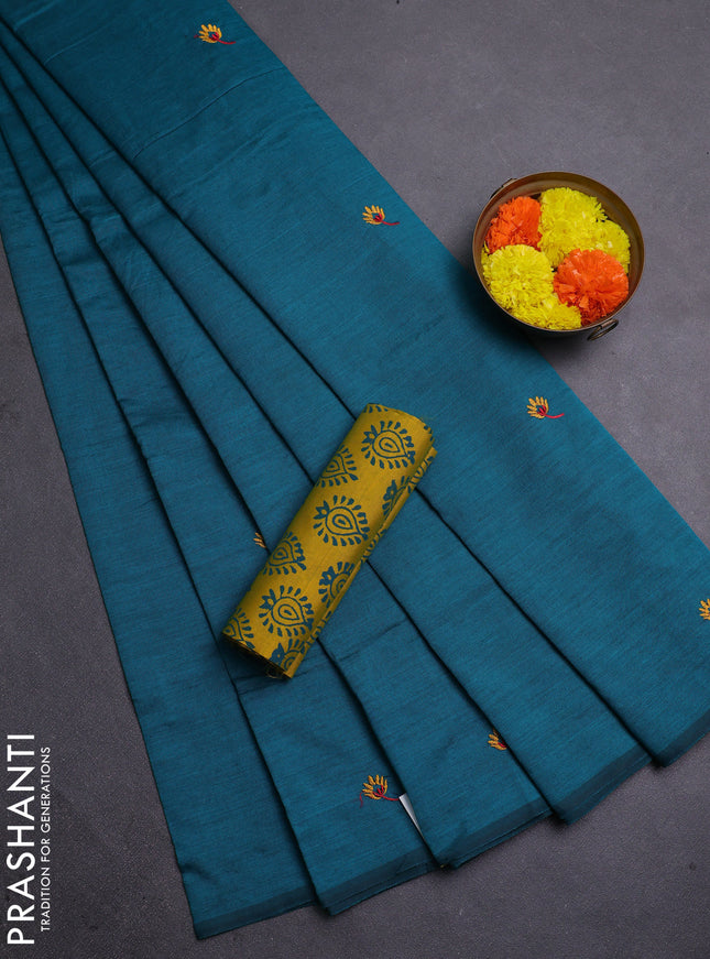 Teal Green & Mustard Yellow Semi Silk Cotton Saree - Embroidery