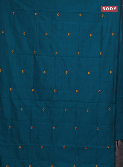 Teal Green & Mustard Yellow Semi Silk Cotton Saree - Embroidery