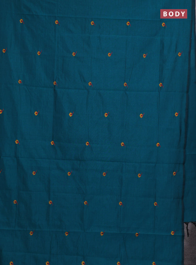 Teal Green & Mustard Yellow Semi Silk Cotton Saree - Embroidery