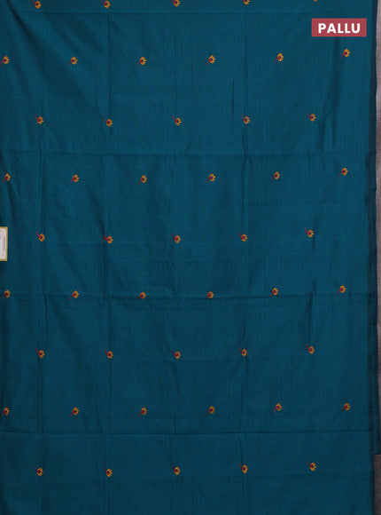 Teal Green & Mustard Yellow Semi Silk Cotton Saree - Embroidery