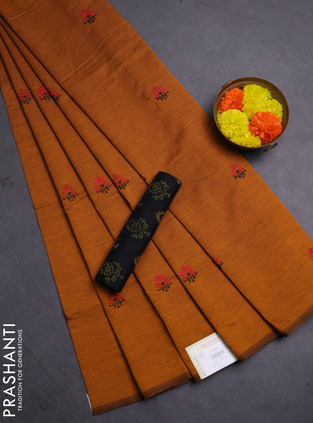 Mustard Yellow & Black Semi Silk Cotton Saree - Embroidery