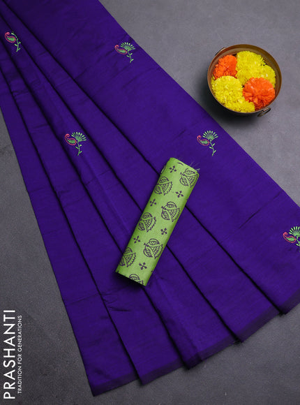 Violet & Green Semi Silk Cotton Saree - Embroidery