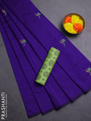 Violet & Green Semi Silk Cotton Saree - Embroidery