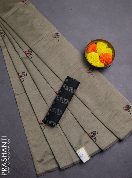 Chiku & Black Semi Silk Cotton Saree - Embroidery