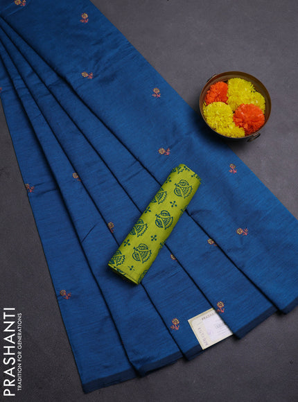 Peacock Blue & Lime Green Semi Silk Cotton Saree - Embroidery